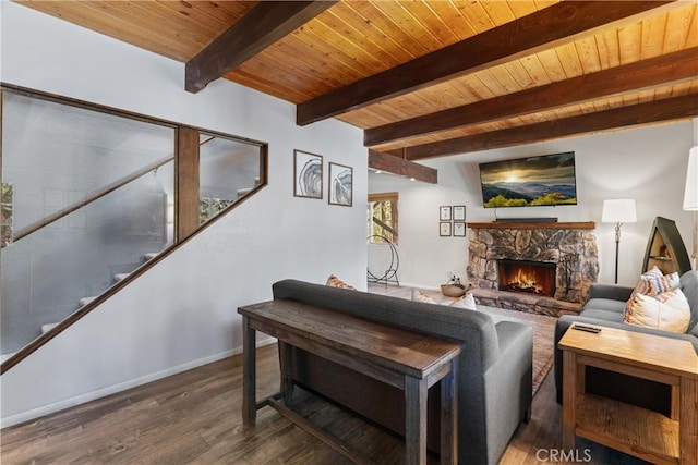 42646 Constellation Dr, Big Bear Lake, CA 92315 - living area with wood ceiling with exposed beams, wood finished floors, a fireplace, baseboards, and stairs