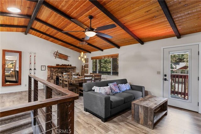 42646 Constellation Dr, Big Bear Lake, CA 92315 - living room featuring wooden ceiling, plenty of natural light, a ceiling fan, and wood finished floors