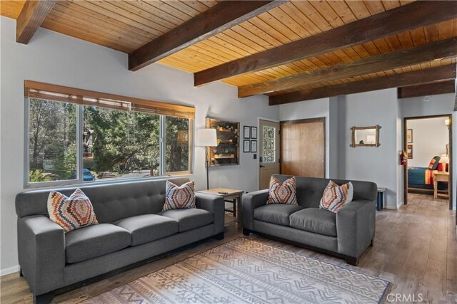 42646 Constellation Dr, Big Bear Lake, CA 92315 - living room featuring wood ceiling with exposed beams, hardwood / wood-style flooring, and baseboards