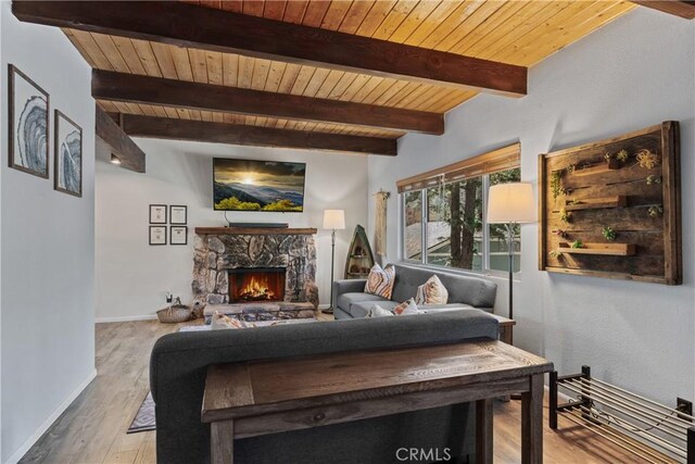 42646 Constellation Dr, Big Bear Lake, CA 92315 - living room featuring wooden ceiling with exposed beams, a fireplace, baseboards, and wood finished floors