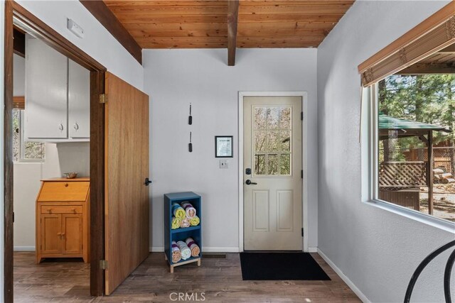 42646 Constellation Dr, Big Bear Lake, CA 92315 - entryway featuring wood finished floors, plenty of natural light, wood ceiling with exposed beams, and baseboards