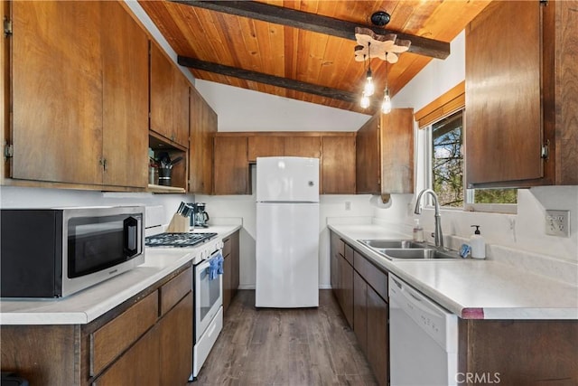 42646 Constellation Dr, Big Bear Lake, CA 92315 - kitchen featuring white appliances, a sink, wooden ceiling, dark wood-type flooring, and light countertops