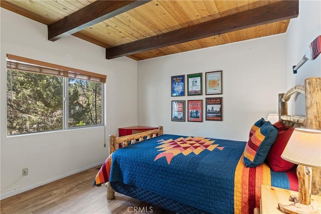42646 Constellation Dr, Big Bear Lake, CA 92315 - bedroom with wooden ceiling with exposed beams, wood finished floors, and baseboards
