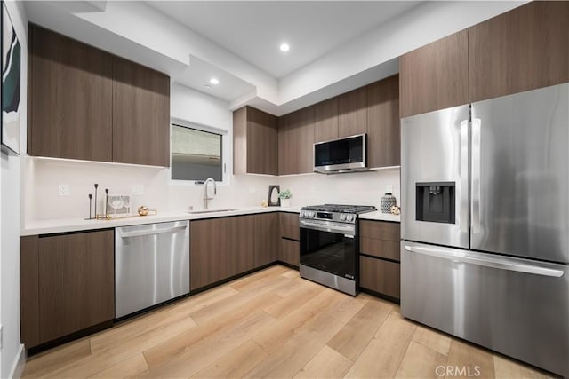 150 S Oak Knoll Ave Unit 103, Pasadena, CA 91101 - kitchen featuring stainless steel appliances, a sink, light countertops, light wood-style flooring, and modern cabinets