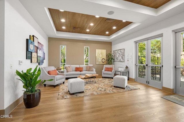 13124 Central Ave Unit 201, Hawthorne, CA 90250 - living room featuring a raised ceiling, wood finished floors, wood ceiling, recessed lighting, and baseboards