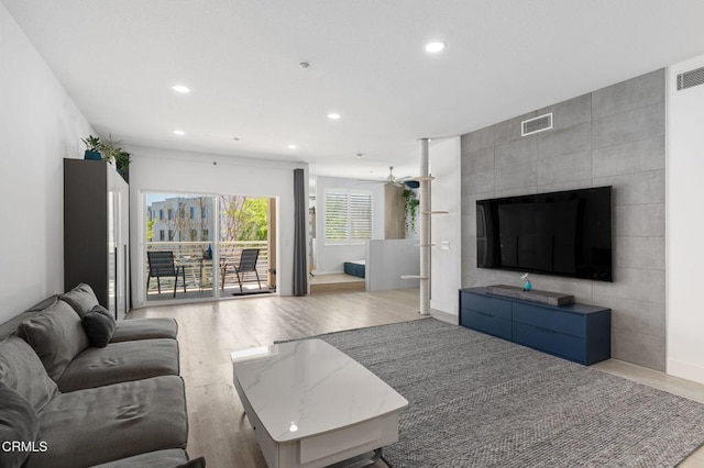 13124 Central Ave Unit 201, Hawthorne, CA 90250 - living room with wood finished floors, recessed lighting, and a ceiling fan