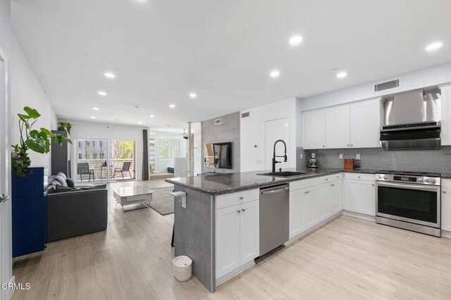 13124 Central Ave Unit 201, Hawthorne, CA 90250 - kitchen featuring stainless steel appliances, open floor plan, light wood-style flooring, a peninsula, and a sink