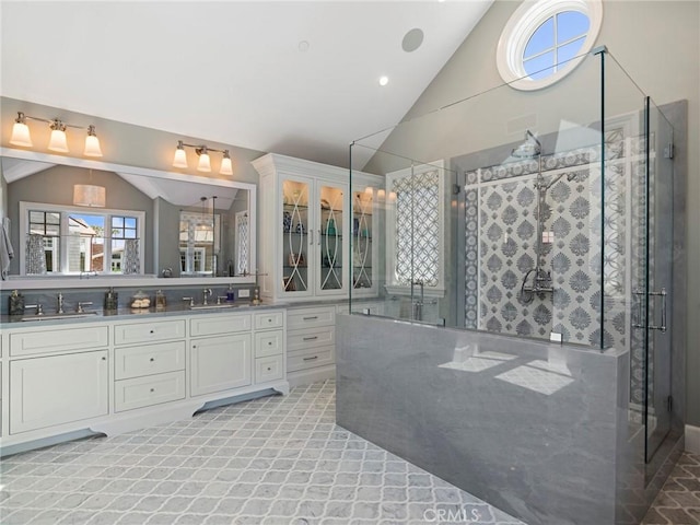 1324 E Balboa Blvd, Newport Beach, CA 92661 - bathroom with lofted ceiling, double vanity, and a shower stall