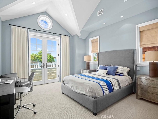 1324 E Balboa Blvd, Newport Beach, CA 92661 - bedroom featuring carpet floors, access to exterior, french doors, vaulted ceiling, and recessed lighting