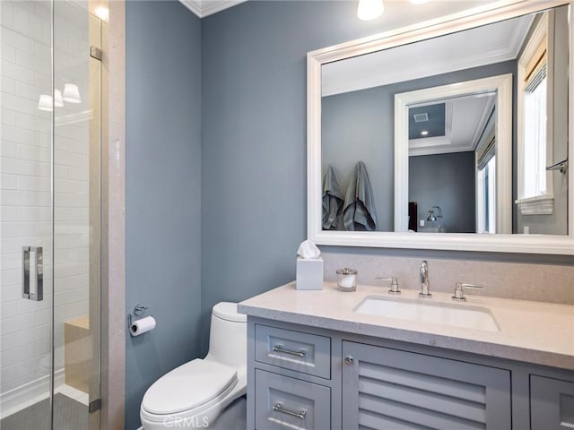1324 E Balboa Blvd, Newport Beach, CA 92661 - bathroom featuring toilet, vanity, crown molding, and a stall shower