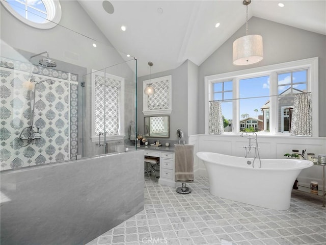 1324 E Balboa Blvd, Newport Beach, CA 92661 - bathroom with a stall shower, plenty of natural light, a freestanding tub, wainscoting, and recessed lighting