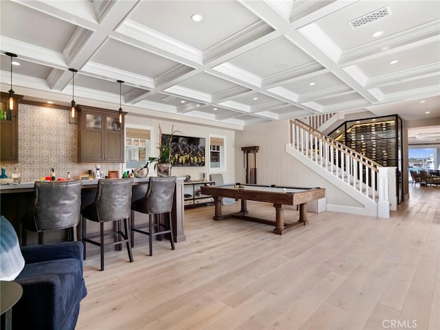 1324 E Balboa Blvd, Newport Beach, CA 92661 - playroom with billiards, light wood-style floors, coffered ceiling, and beam ceiling