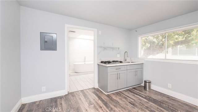 1541 N Stanley Ave, Los Angeles, CA 90046 - kitchen featuring electric panel, a sink, wood finished floors, light countertops, and baseboards