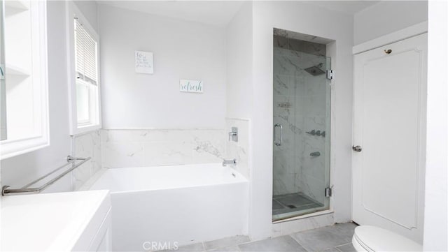 1541 N Stanley Ave, Los Angeles, CA 90046 - bathroom with a marble finish shower, a garden tub, toilet, and vanity