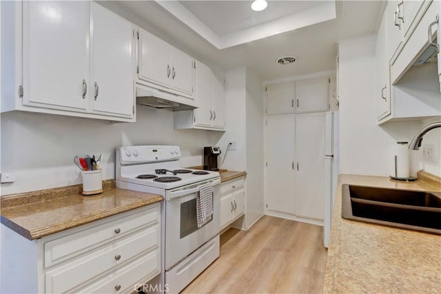 2109 Via Puerta Unit A, Laguna Woods, CA 92637 - kitchen with white appliances, a sink, under cabinet range hood, light wood-style floors, and a tray ceiling