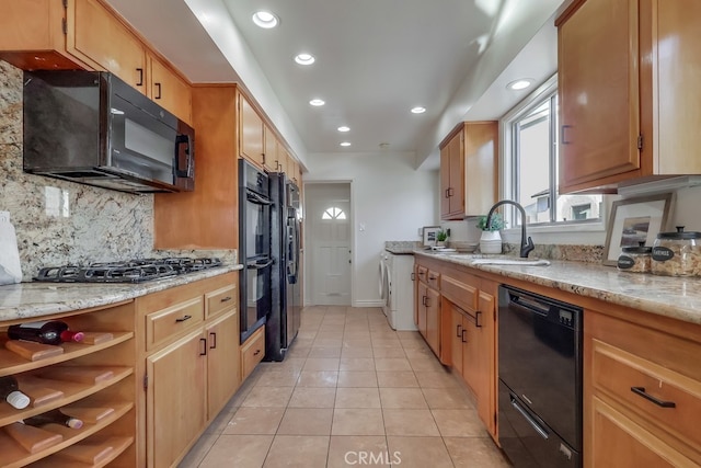 3562 N Studebaker, Long Beach, CA 90808 - kitchen with black appliances, a sink, decorative backsplash, light tile patterned flooring, and light stone countertops