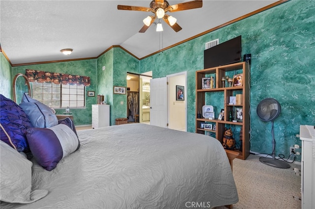 73 Mockingbird Ln, Templeton, CA 93465 - bedroom with vaulted ceiling, ornamental molding, carpet, wallpapered walls, and a ceiling fan