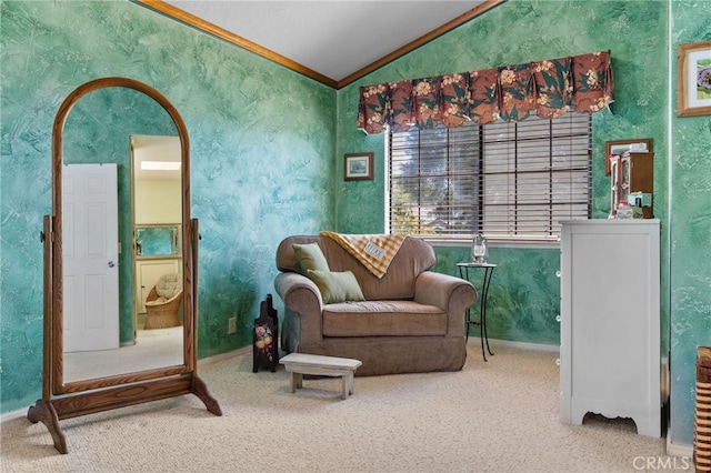73 Mockingbird Ln, Templeton, CA 93465 - living area featuring vaulted ceiling, crown molding, carpet flooring, baseboards, and wallpapered walls
