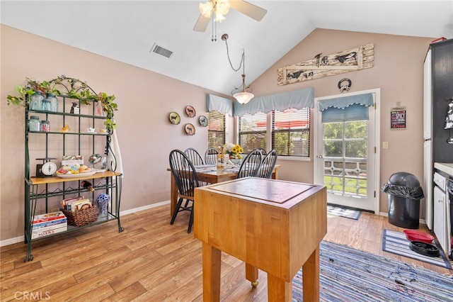 73 Mockingbird Ln, Templeton, CA 93465 - dining room featuring light wood finished floors, ceiling fan, vaulted ceiling, and baseboards
