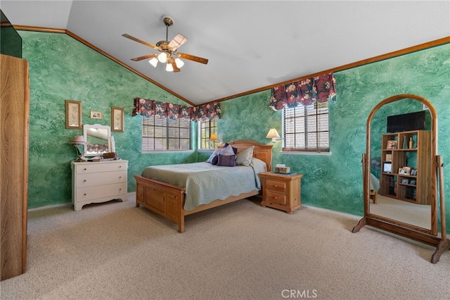 73 Mockingbird Ln, Templeton, CA 93465 - carpeted bedroom with lofted ceiling, wallpapered walls, crown molding, a ceiling fan, and baseboards