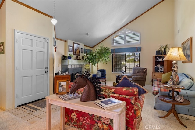 73 Mockingbird Ln, Templeton, CA 93465 - living room featuring a fireplace, high vaulted ceiling, carpet, and ornamental molding