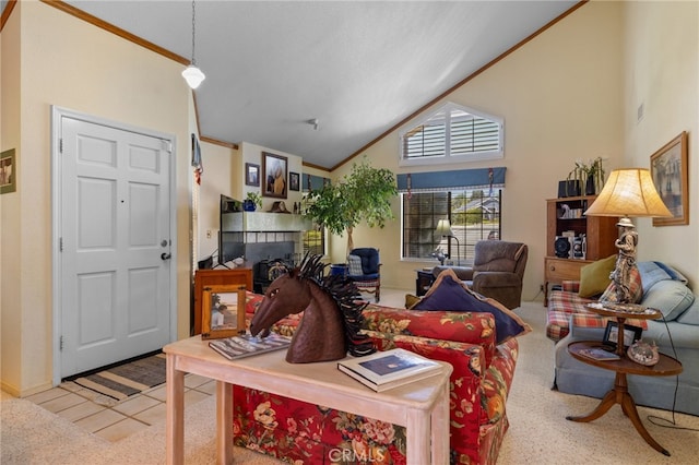73 Mockingbird Ln, Templeton, CA 93465 - carpeted living room featuring a fireplace, high vaulted ceiling, and crown molding