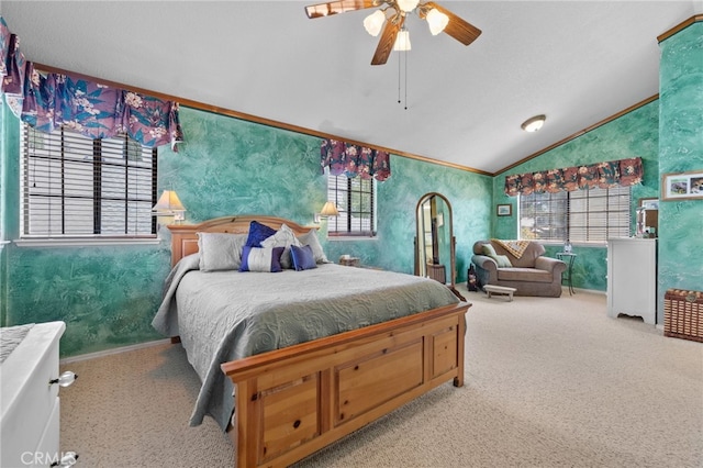 73 Mockingbird Ln, Templeton, CA 93465 - carpeted bedroom featuring lofted ceiling, wallpapered walls, ceiling fan, baseboards, and ornamental molding