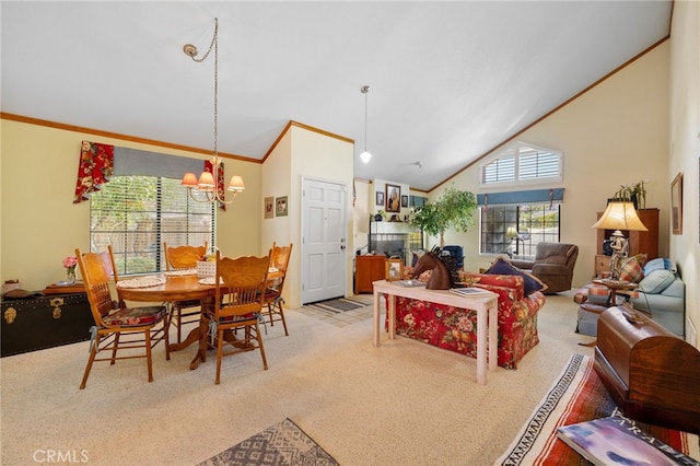 73 Mockingbird Ln, Templeton, CA 93465 - carpeted living room featuring a chandelier, ornamental molding, and high vaulted ceiling