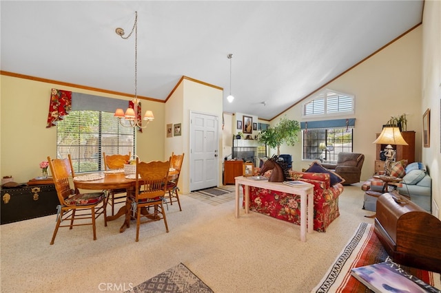 73 Mockingbird Ln, Templeton, CA 93465 - carpeted living room with a chandelier, ornamental molding, and high vaulted ceiling