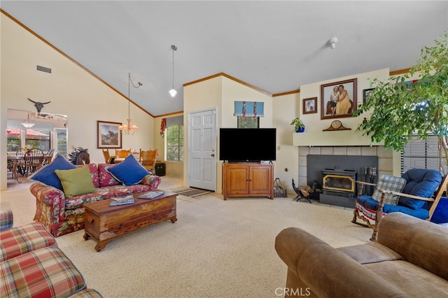73 Mockingbird Ln, Templeton, CA 93465 - living room featuring carpet floors, high vaulted ceiling, and a chandelier