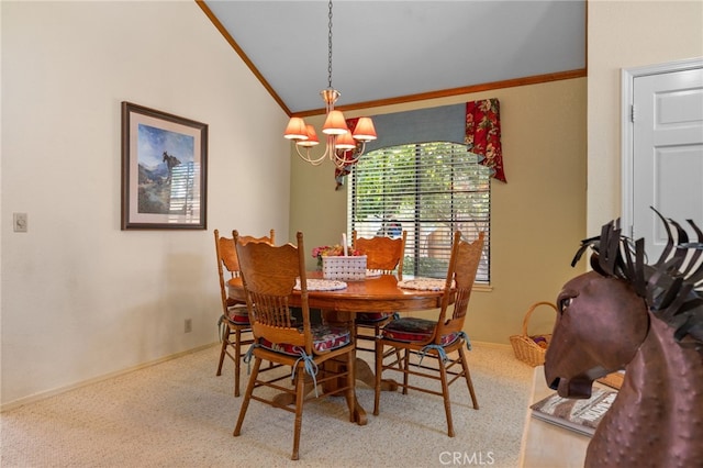 73 Mockingbird Ln, Templeton, CA 93465 - carpeted dining room featuring a chandelier, crown molding, and lofted ceiling