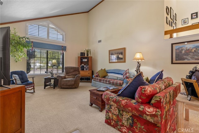 73 Mockingbird Ln, Templeton, CA 93465 - carpeted living room with ornamental molding and high vaulted ceiling