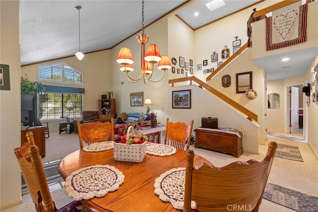 73 Mockingbird Ln, Templeton, CA 93465 - dining room featuring high vaulted ceiling, carpet floors, a chandelier, and stairs