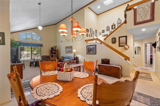 73 Mockingbird Ln, Templeton, CA 93465 - dining area featuring high vaulted ceiling, carpet floors, a chandelier, and stairs