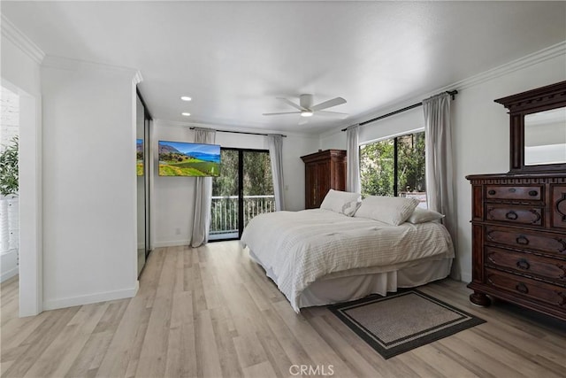 12235 Circula Panorama, North Tustin, CA 92705 - bedroom with access to exterior, multiple windows, ornamental molding, light wood-style flooring, and recessed lighting