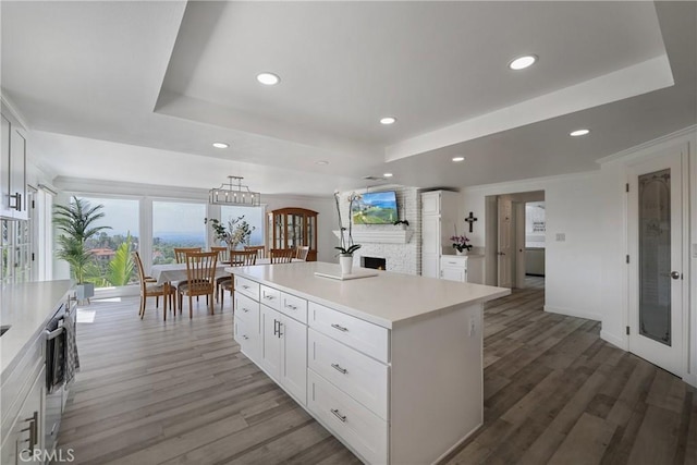 12235 Circula Panorama, North Tustin, CA 92705 - kitchen featuring a raised ceiling, a fireplace, white cabinetry, recessed lighting, and wood finished floors