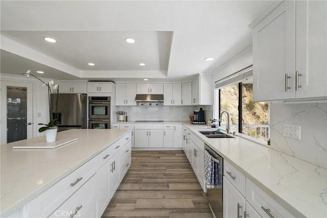 12235 Circula Panorama, North Tustin, CA 92705 - kitchen featuring appliances with stainless steel finishes, a sink, recessed lighting, under cabinet range hood, and decorative backsplash