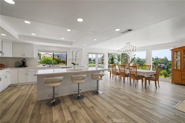 12235 Circula Panorama, North Tustin, CA 92705 - kitchen featuring a tray ceiling, light countertops, light wood-style flooring, a center island, and white cabinets