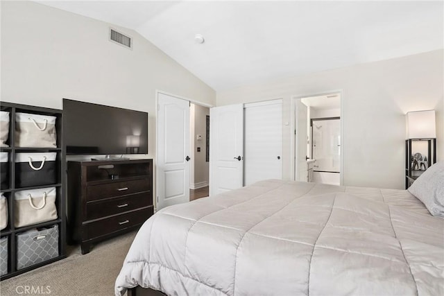18102 Flynn Dr Unit 4602, Canyon Country, CA 91387 - carpeted bedroom featuring lofted ceiling and connected bathroom