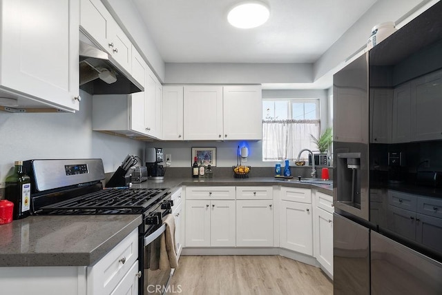 158 W Del Amo Blvd, Long Beach, CA 90805 - kitchen with appliances with stainless steel finishes, under cabinet range hood, white cabinetry, and dark countertops