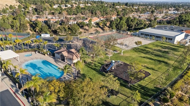 19752 Sierra Meadows Ln, Porter Ranch, CA 91326 - aerial perspective of suburban area featuring a pool
