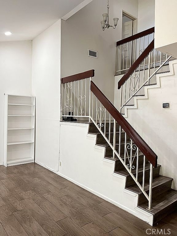 410 Russell Ave Unit C, Monterey Park, CA 91755 - stairs with wood finished floors, a chandelier, baseboards, and recessed lighting