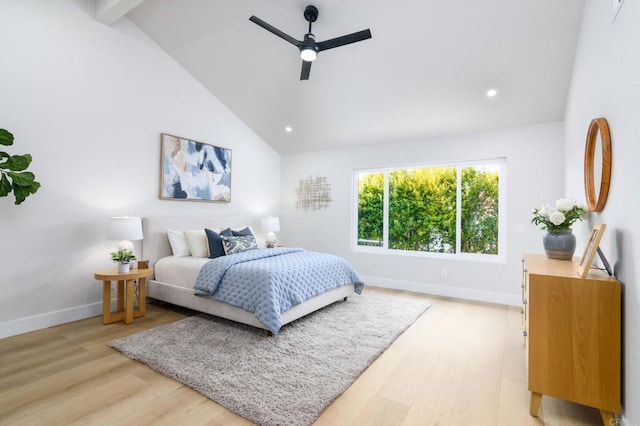 4161 Rhodes Way, Oceanside, CA 92056 - bedroom with light wood-type flooring, baseboards, recessed lighting, ceiling fan, and high vaulted ceiling