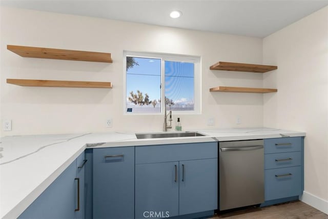 60468 Latham Trl, Joshua Tree, CA 92252 - kitchen featuring open shelves, stainless steel dishwasher, a sink, blue cabinets, and recessed lighting