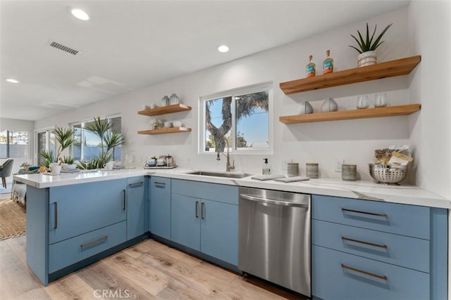 60468 Latham Trl, Joshua Tree, CA 92252 - kitchen featuring dishwasher, open shelves, blue cabinetry, a sink, and a peninsula