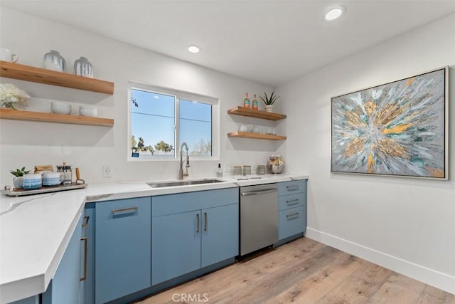60468 Latham Trl, Joshua Tree, CA 92252 - kitchen with stainless steel dishwasher, a sink, open shelves, light wood-style flooring, and recessed lighting