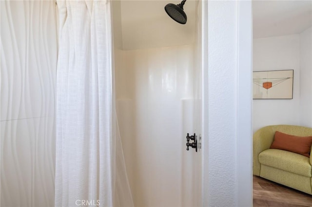 4142 Mercury Ave, Los Angeles, CA 90031 - bathroom view of a shower with curtain and wood finished floors