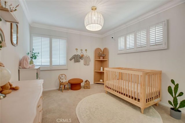 2486 Napoli Way, Costa Mesa, CA 92627 - carpeted bedroom with multiple windows, a nursery area, crown molding, a chandelier, and baseboards