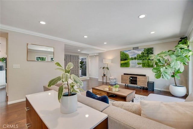 2486 Napoli Way, Costa Mesa, CA 92627 - living room with recessed lighting, baseboards, ornamental molding, and dark wood-style flooring