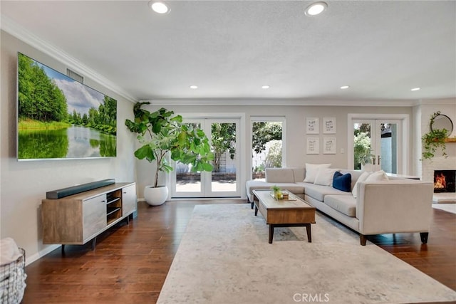 2486 Napoli Way, Costa Mesa, CA 92627 - living room with french doors, ornamental molding, plenty of natural light, dark wood-style floors, and recessed lighting